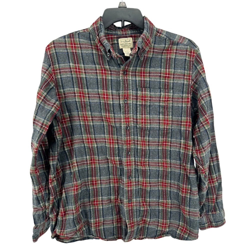 L.L.Bean Flannel Shirt Mens Large Regular Gray Red Plaid Button Up Outdoor - Picture 2 of 11